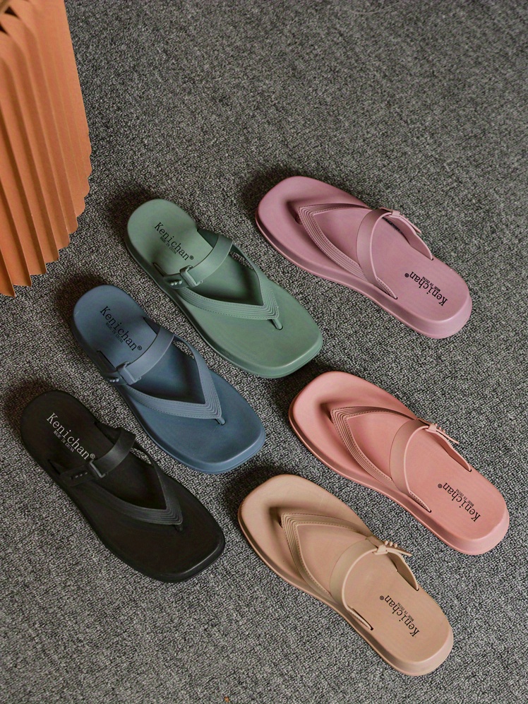 open toe solid color square toe casual slippers, womens platform flip flops open toe solid color square toe casual slippers womens comfy flat slides details 0