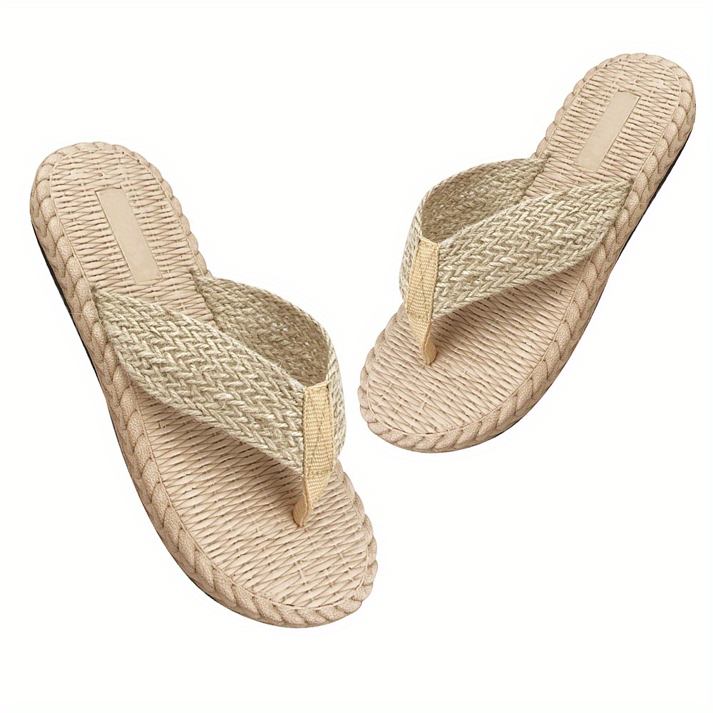 womens flat flip flops straw braided vamp summer beach shoes imitation espadrille solid slides details 5