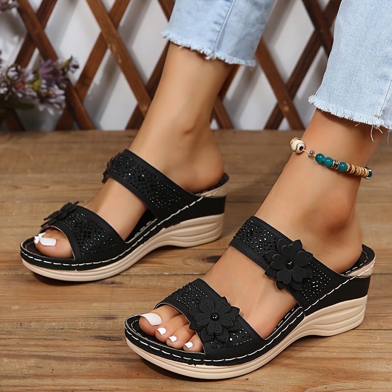 womens flower rhinestone wedge slippers solid color open toe non slip arch support slides shoes casual retro sandals details 2