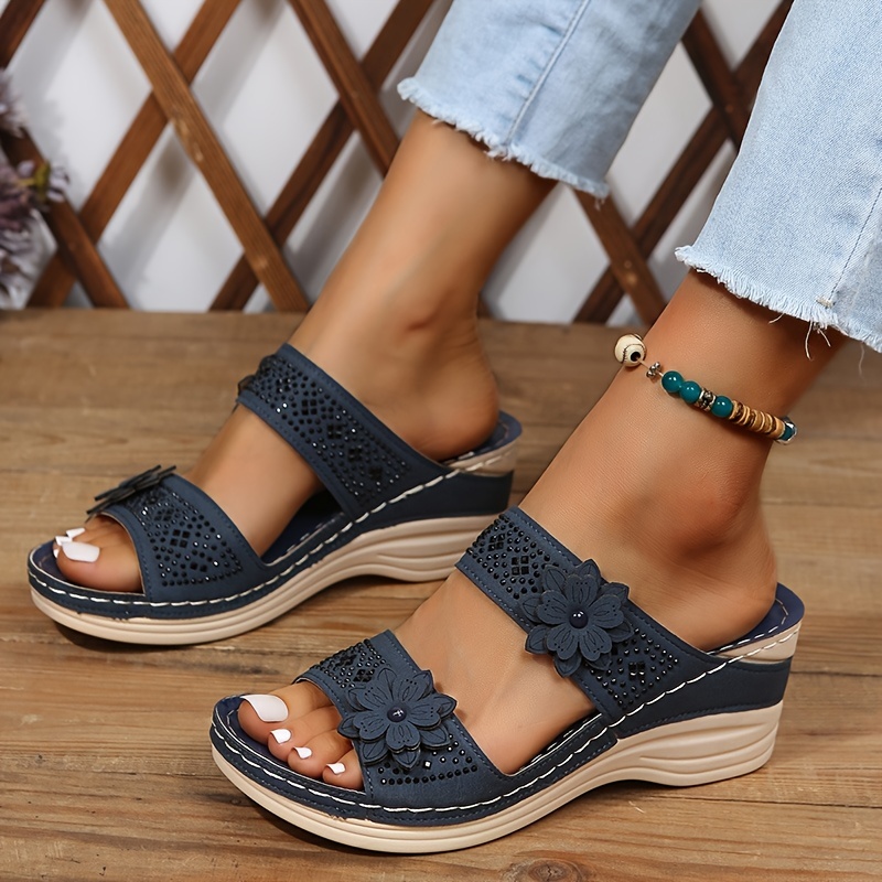 womens flower rhinestone wedge slippers solid color open toe non slip arch support slides shoes casual retro sandals details 6