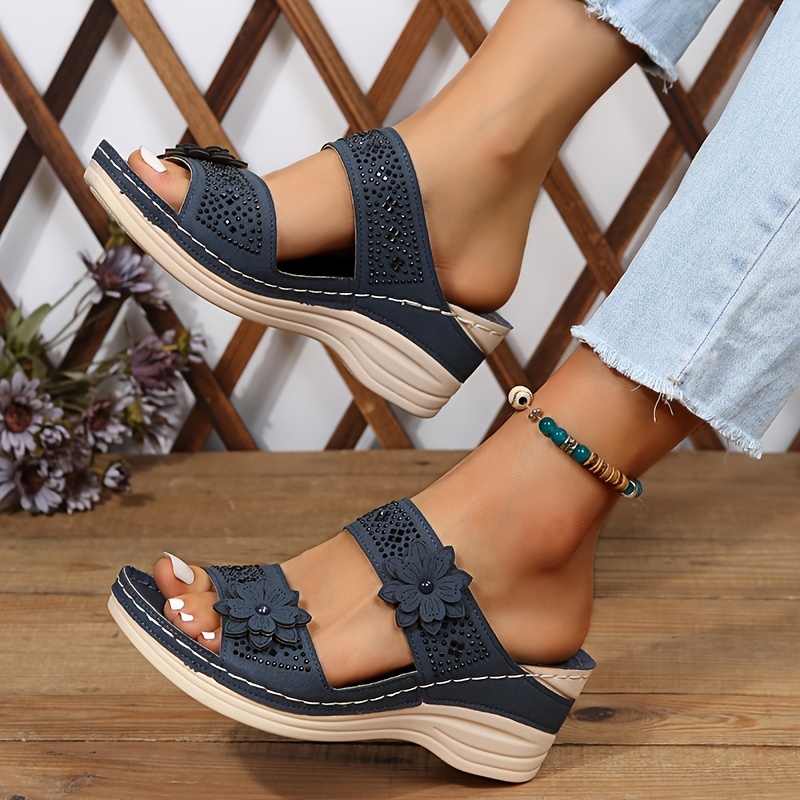 womens flower rhinestone wedge slippers solid color open toe non slip arch support slides shoes casual retro sandals details 7