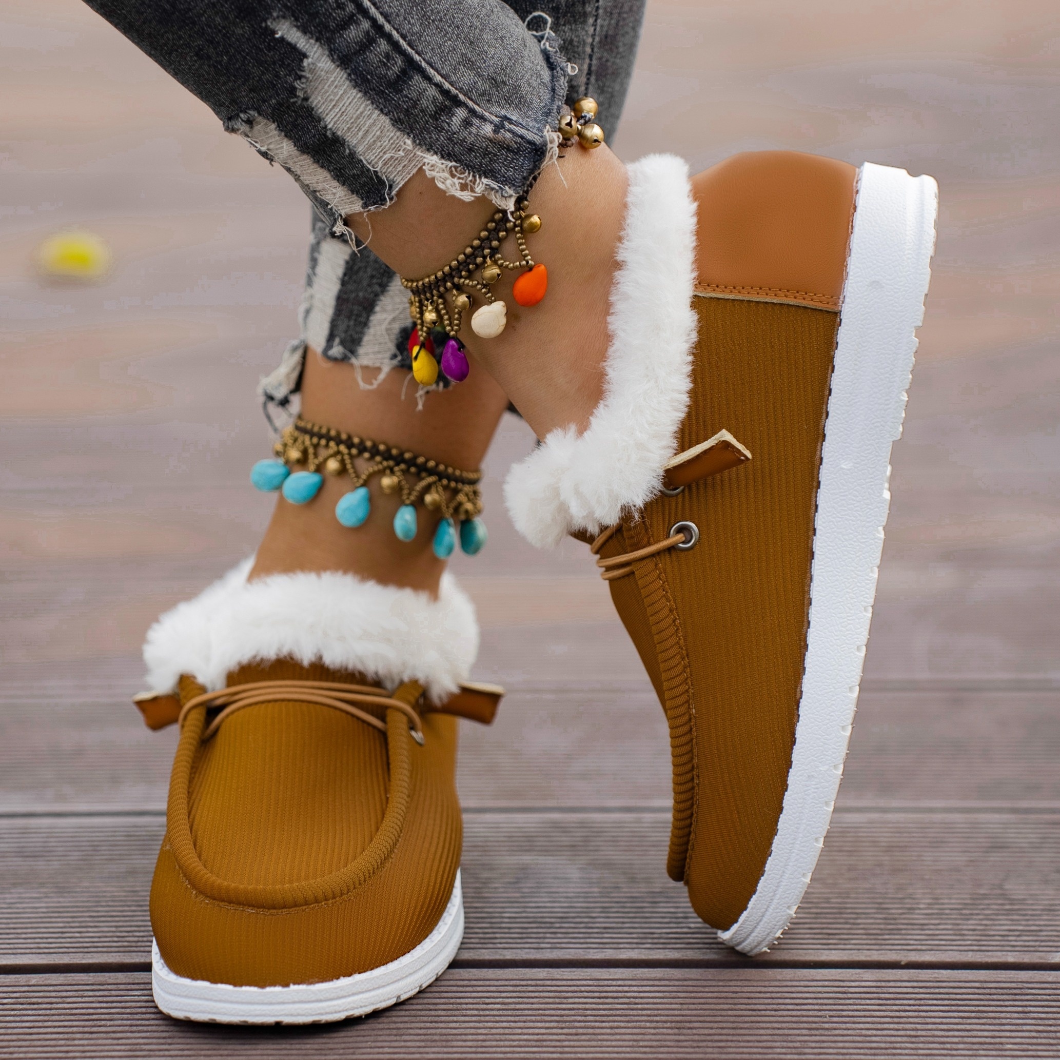 winter plush lined sneakers cozy warm round toe flat shoes winter outdoor walking shoes details 1