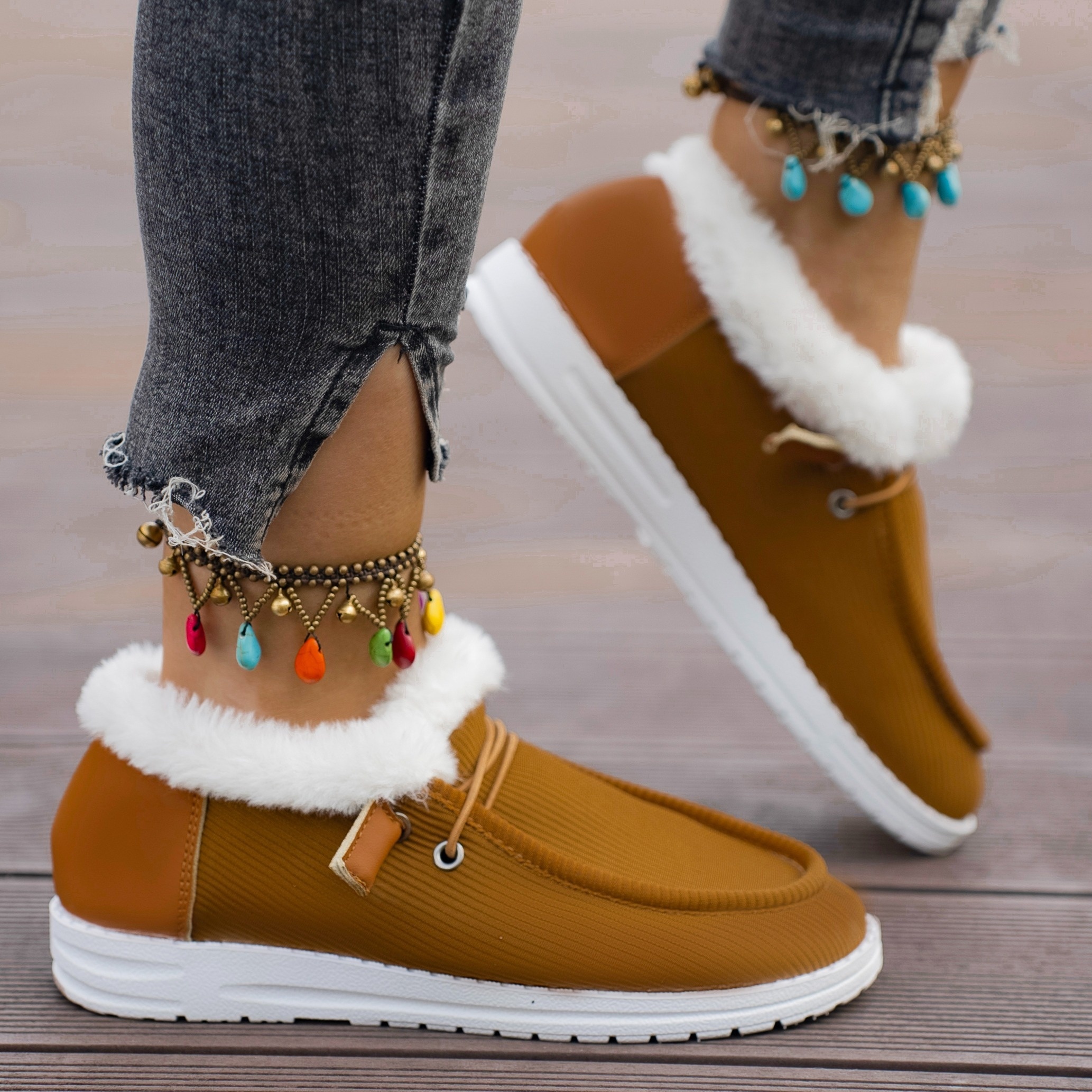 winter plush lined sneakers cozy warm round toe flat shoes winter outdoor walking shoes details 2