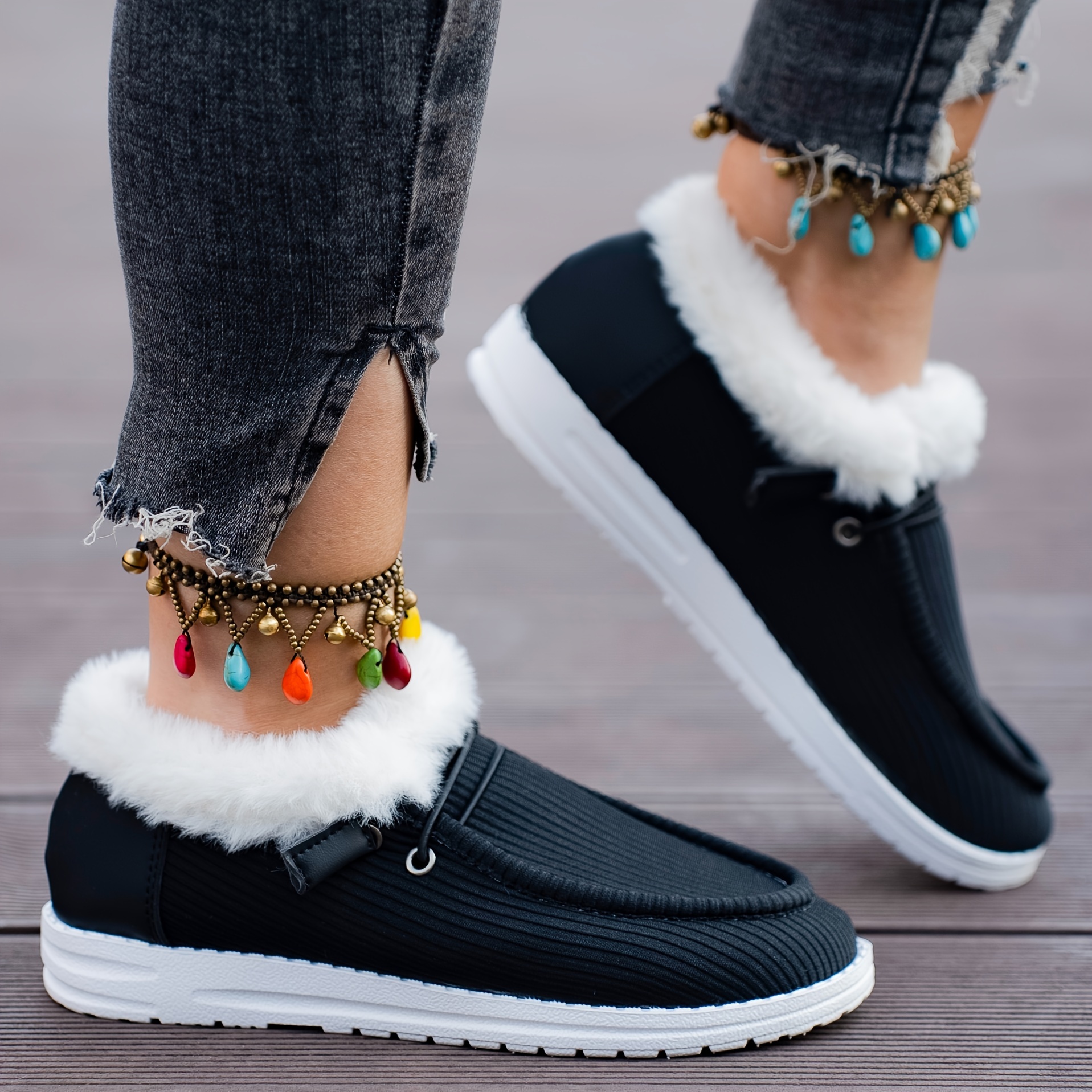 winter plush lined sneakers cozy warm round toe flat shoes winter outdoor walking shoes details 3