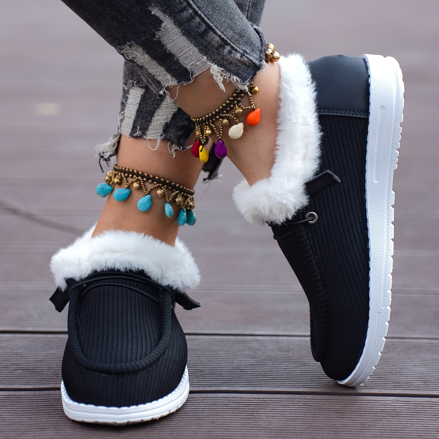 winter plush lined sneakers cozy warm round toe flat shoes winter outdoor walking shoes details 4