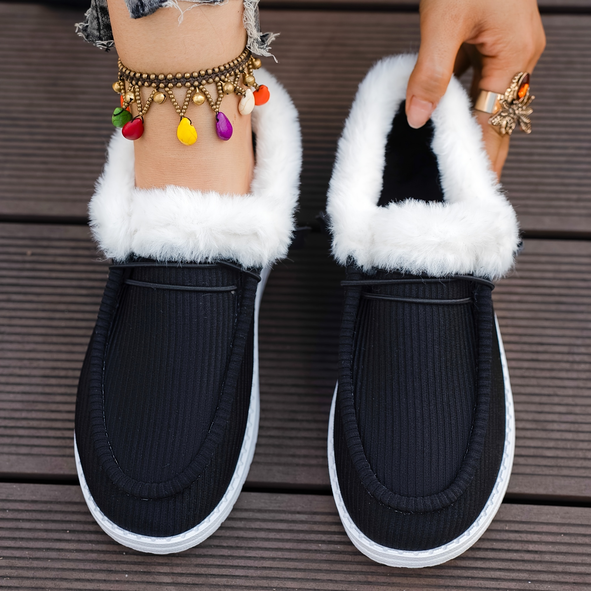 winter plush lined sneakers cozy warm round toe flat shoes winter outdoor walking shoes details 5