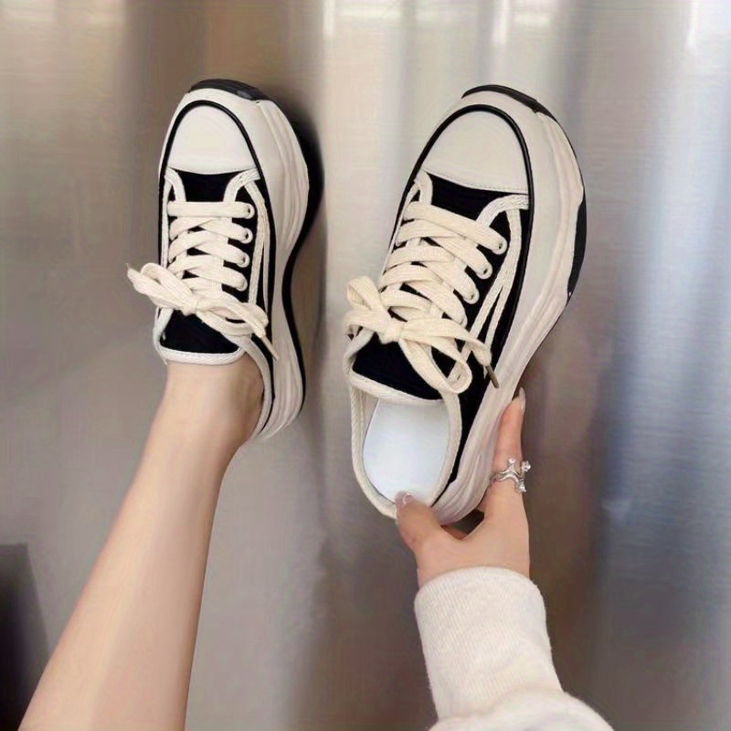 womens platform canvas shoes casual lace up mule sneakers versatile all match outdoor shoes details 8