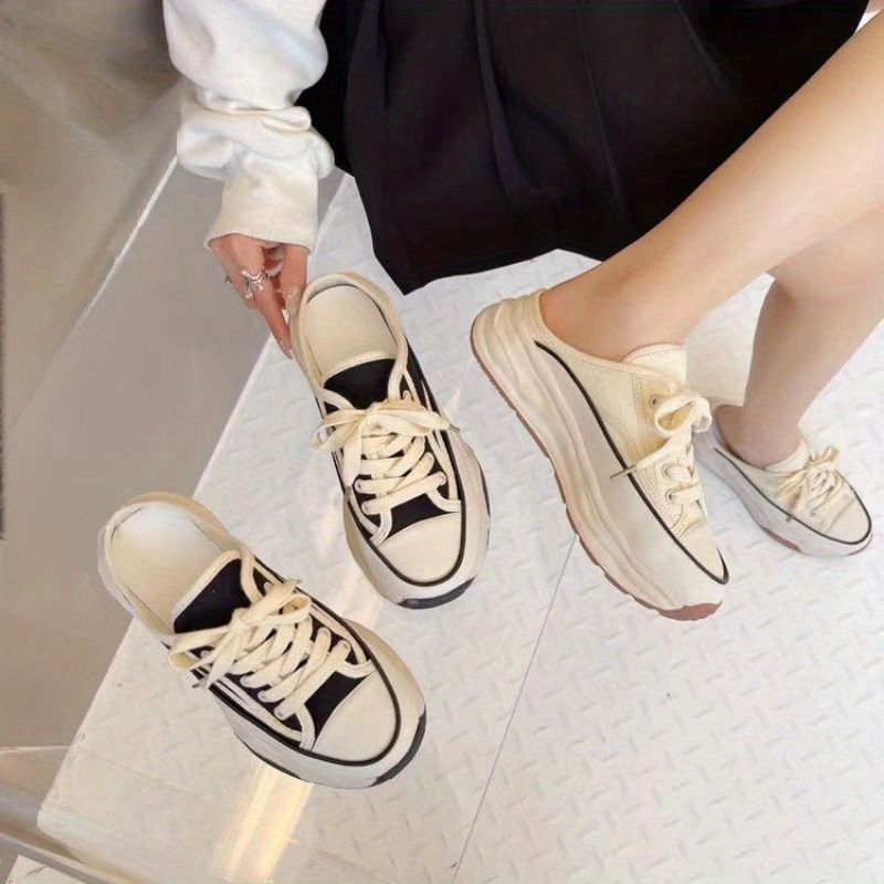 womens platform canvas shoes casual lace up mule sneakers versatile all match outdoor shoes details 11