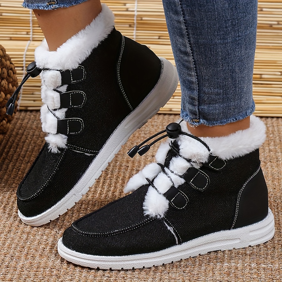 womens high top canvas shoes casual lace up plush lined shoes comfortable winter shoes details 3