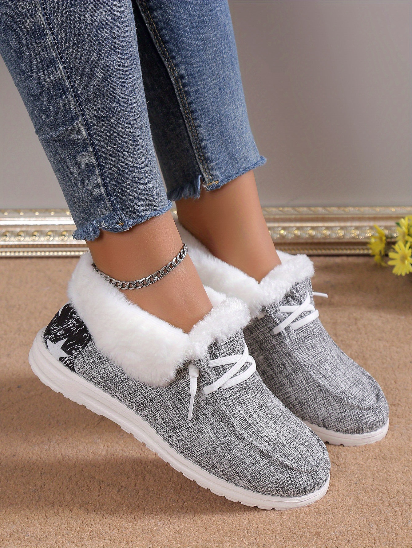 womens plush lined canvas shoes warm cozy slip on snow boots thermal winter ankle boots details 0