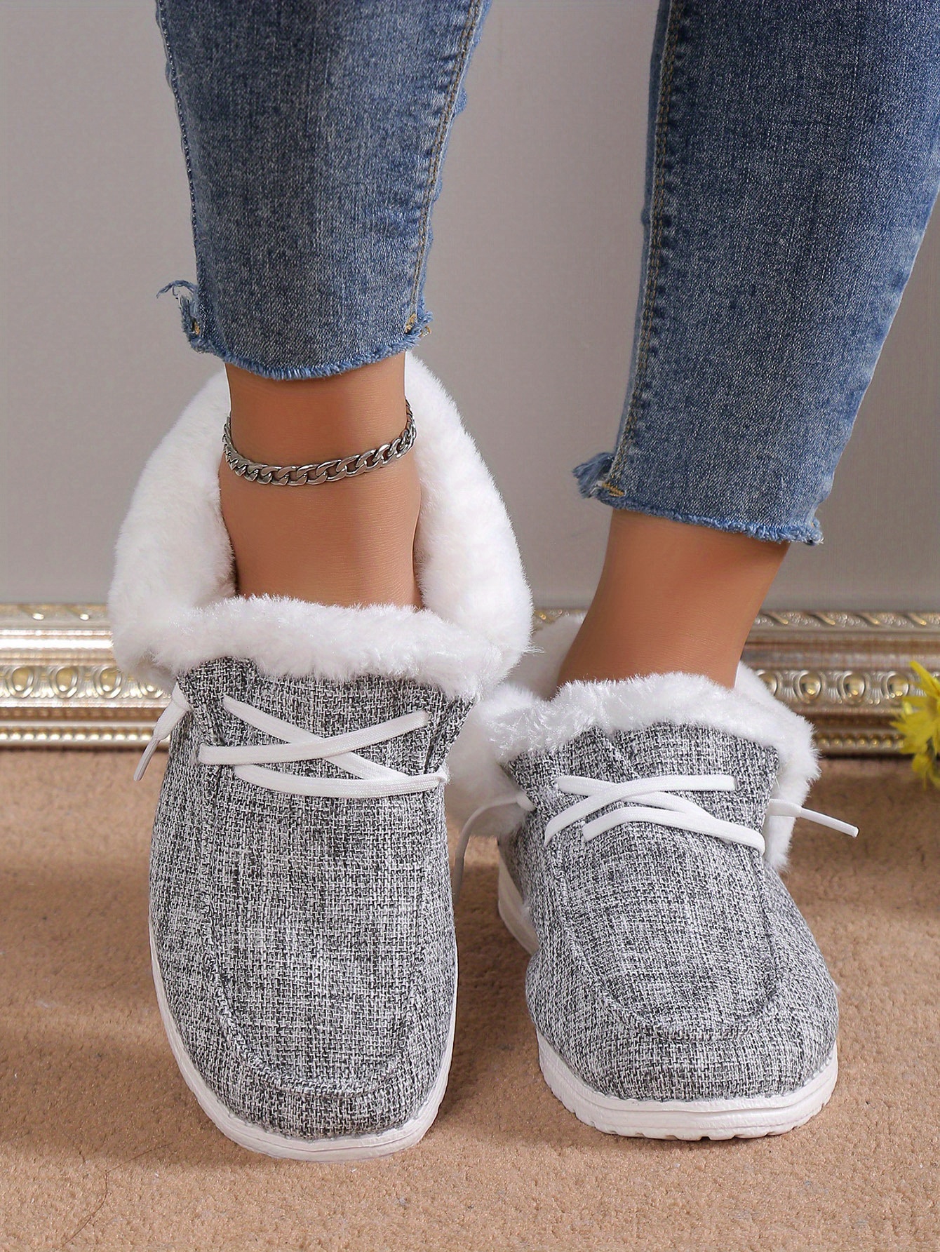 womens plush lined canvas shoes warm cozy slip on snow boots thermal winter ankle boots details 4