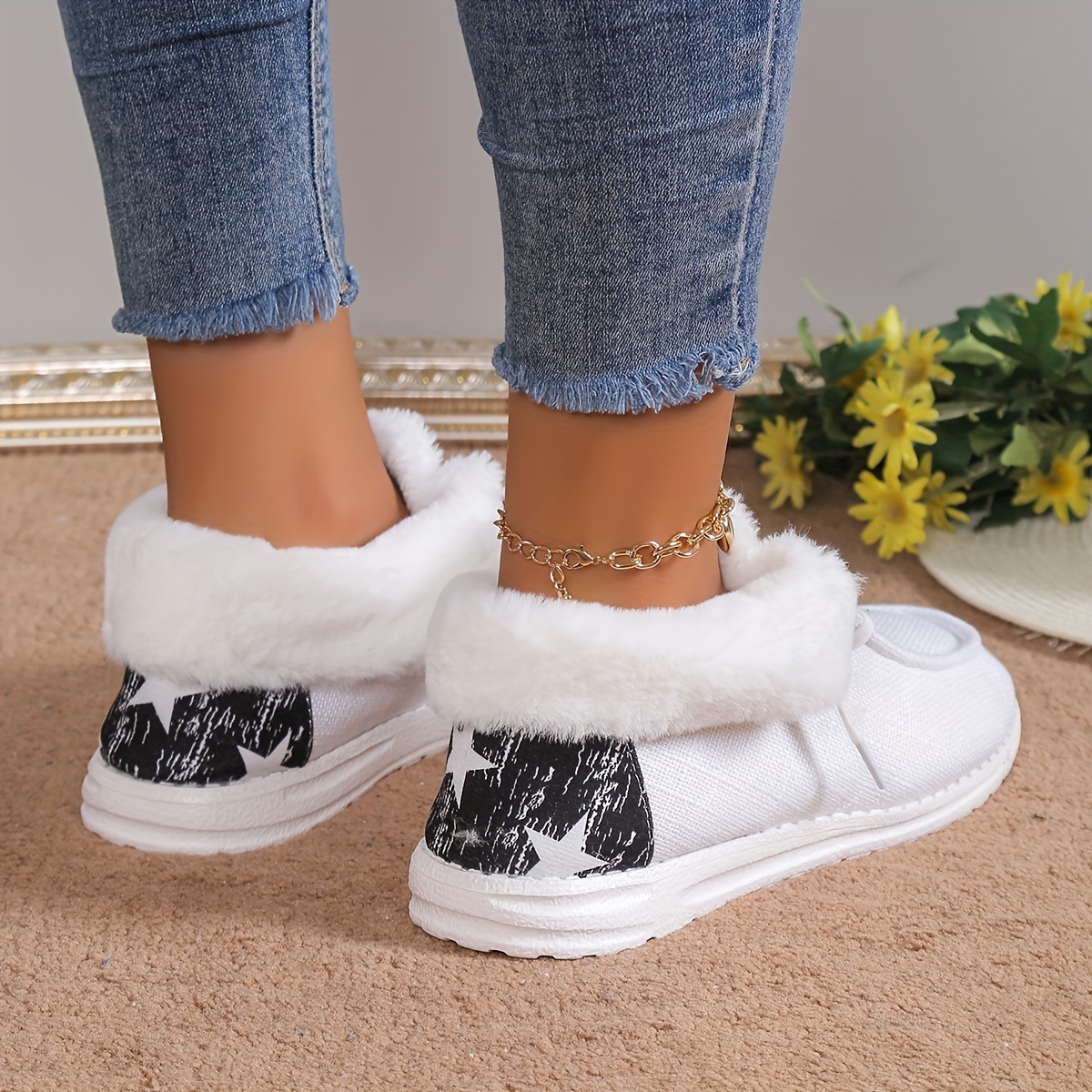 womens plush lined canvas shoes warm cozy slip on snow boots thermal winter ankle boots details 5