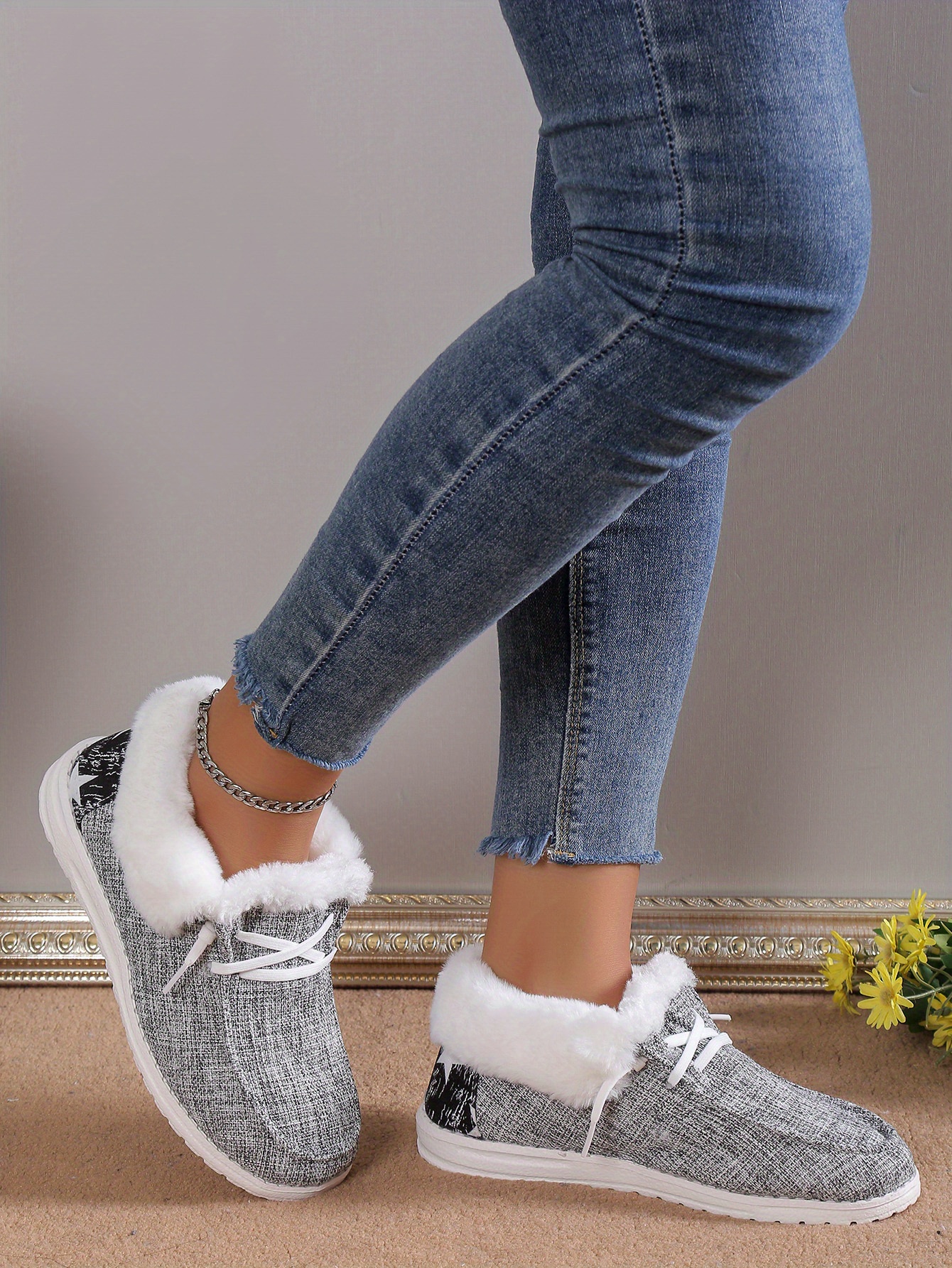 womens plush lined canvas shoes warm cozy slip on snow boots thermal winter ankle boots details 6