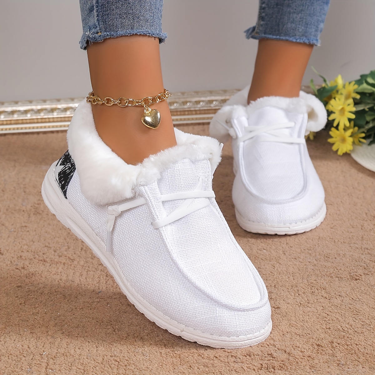 womens plush lined canvas shoes warm cozy slip on snow boots thermal winter ankle boots details 7