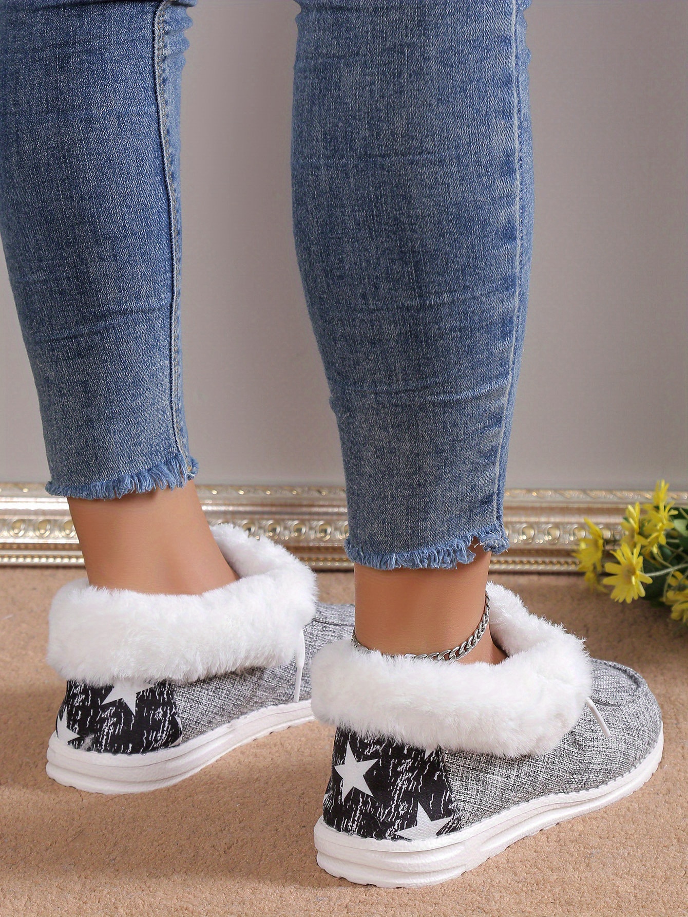 womens plush lined canvas shoes warm cozy slip on snow boots thermal winter ankle boots details 8