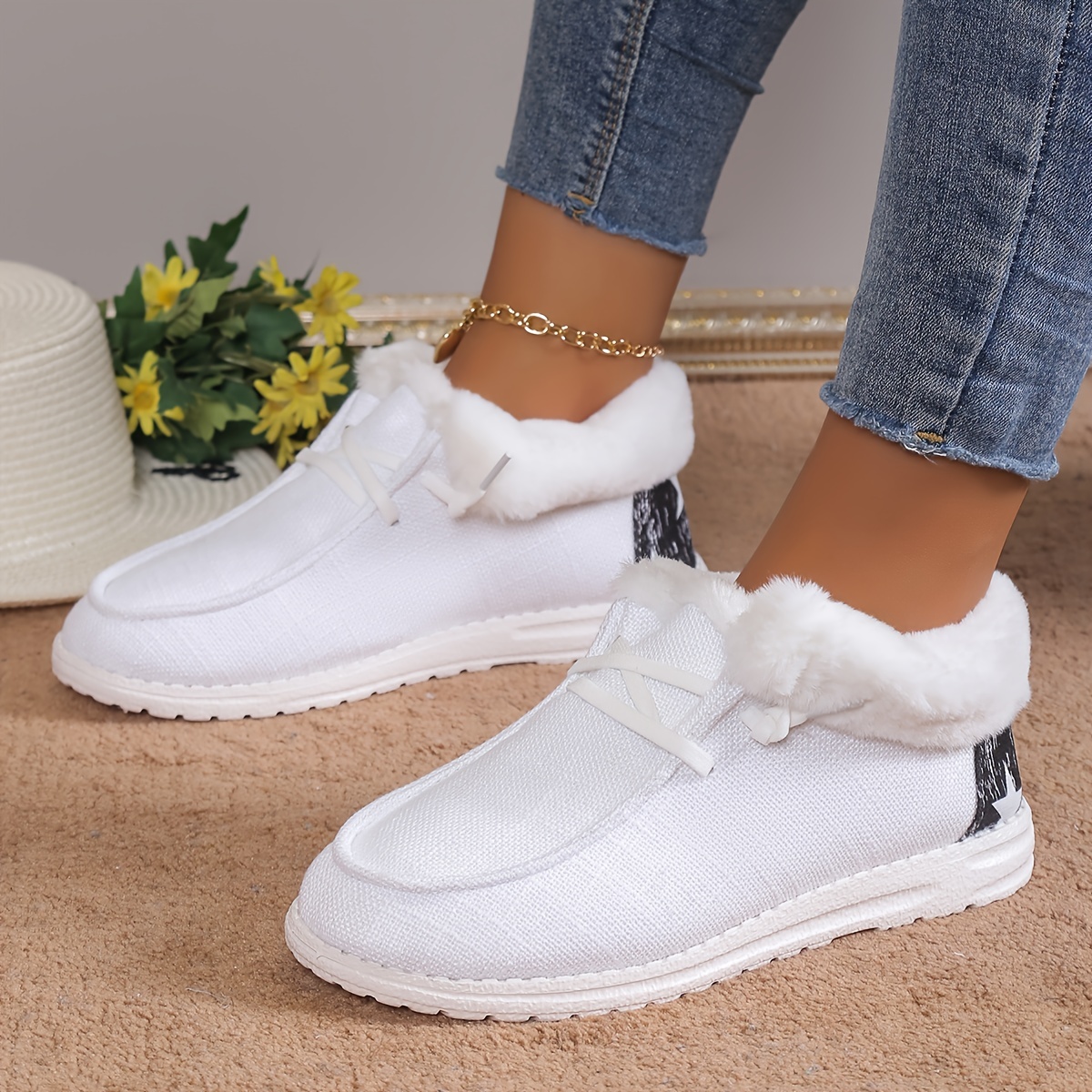 womens plush lined canvas shoes warm cozy slip on snow boots thermal winter ankle boots details 9