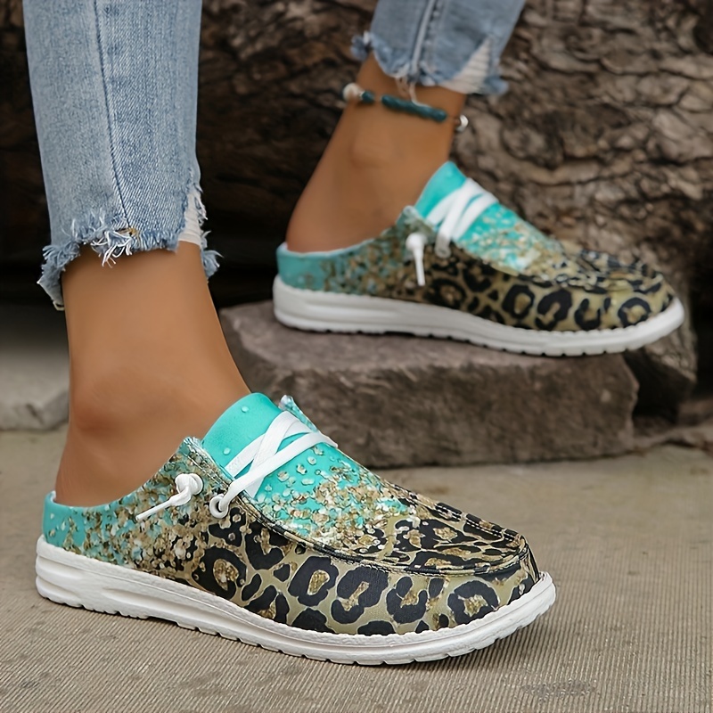 womens rhinestone leopard decor canvas shoes low top lace up slip on shoes casual lightweight shoes details 3