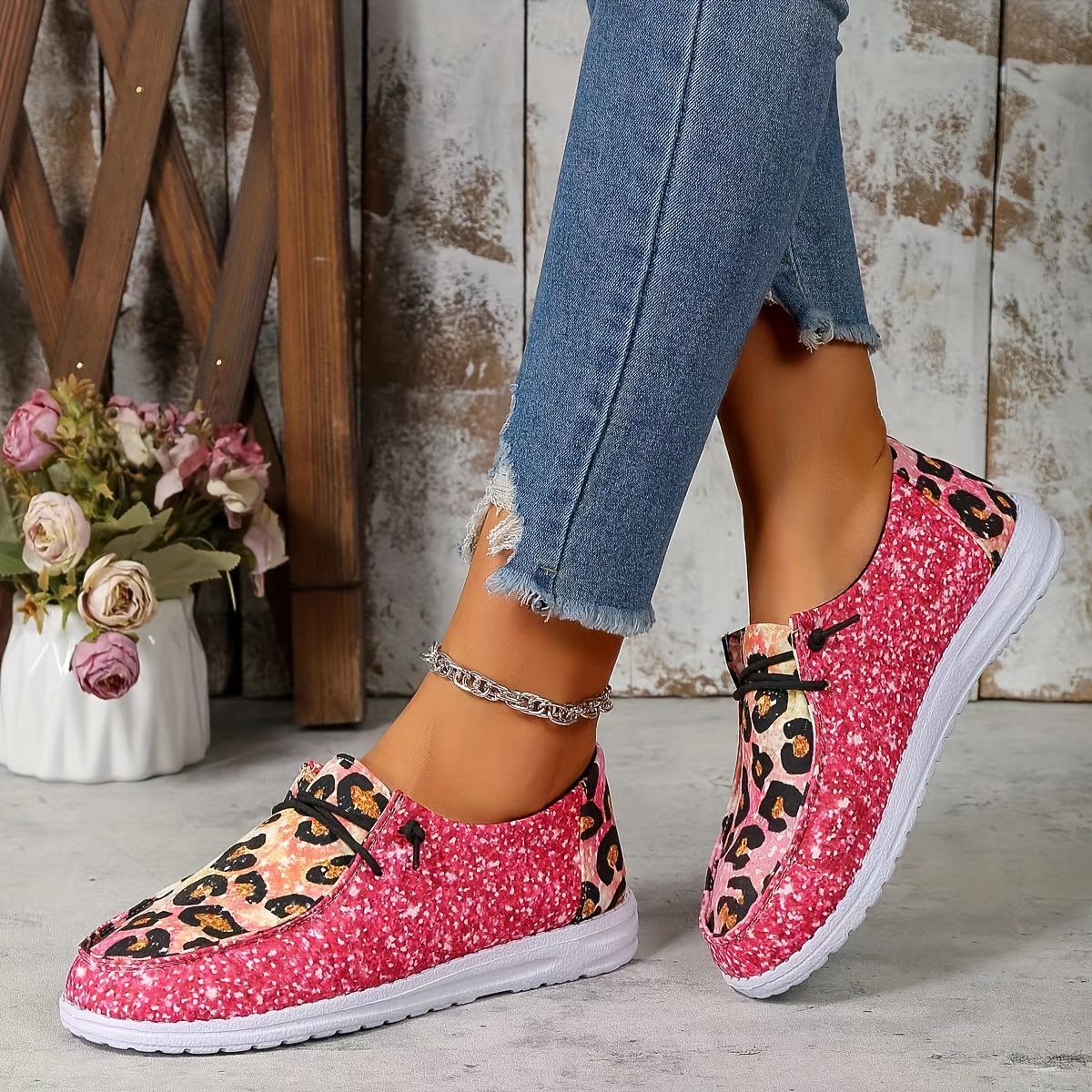 womens leopard print canvas shoes casual lace up outdoor shoes lightweight low top sneakers details 1