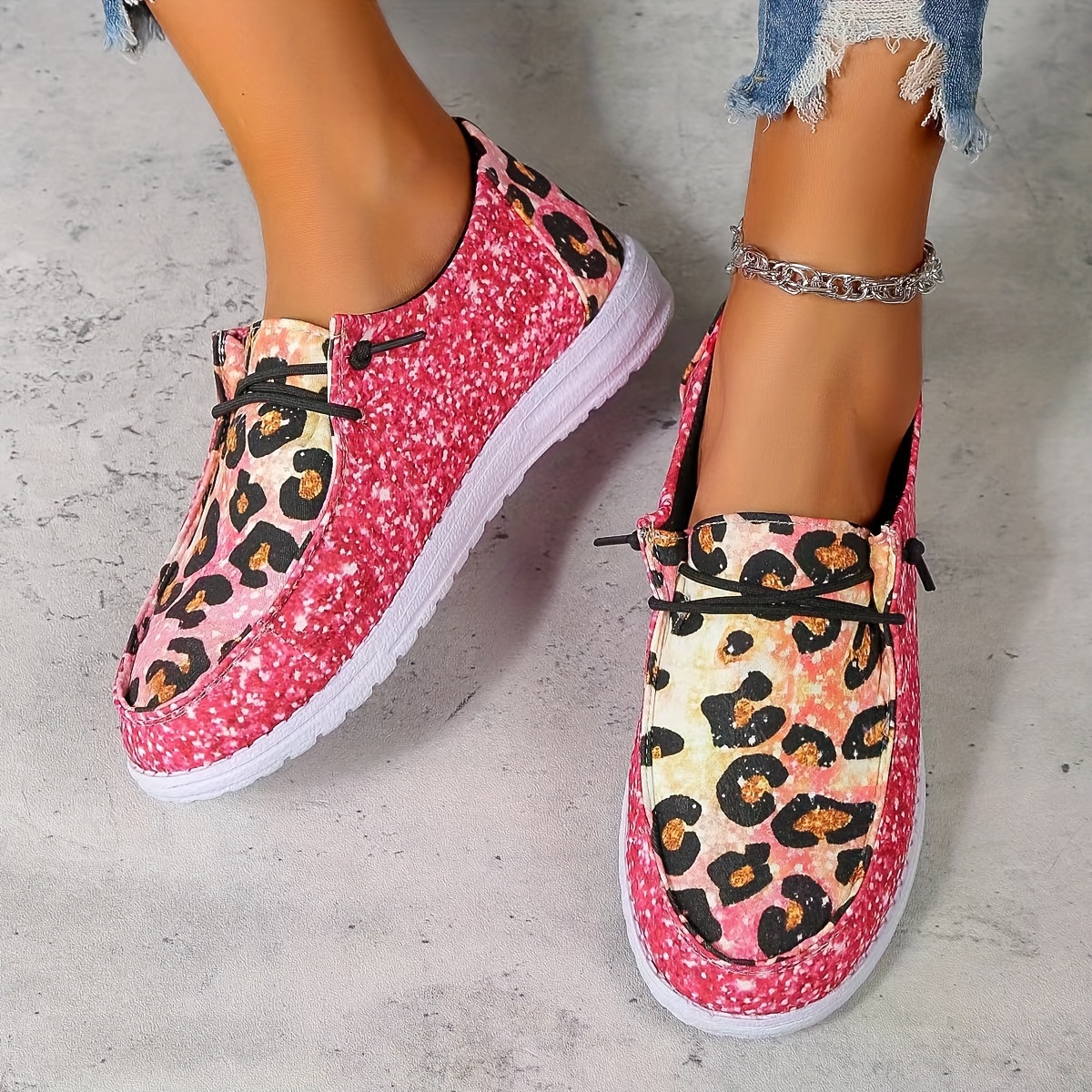 womens leopard print canvas shoes casual lace up outdoor shoes lightweight low top sneakers details 5