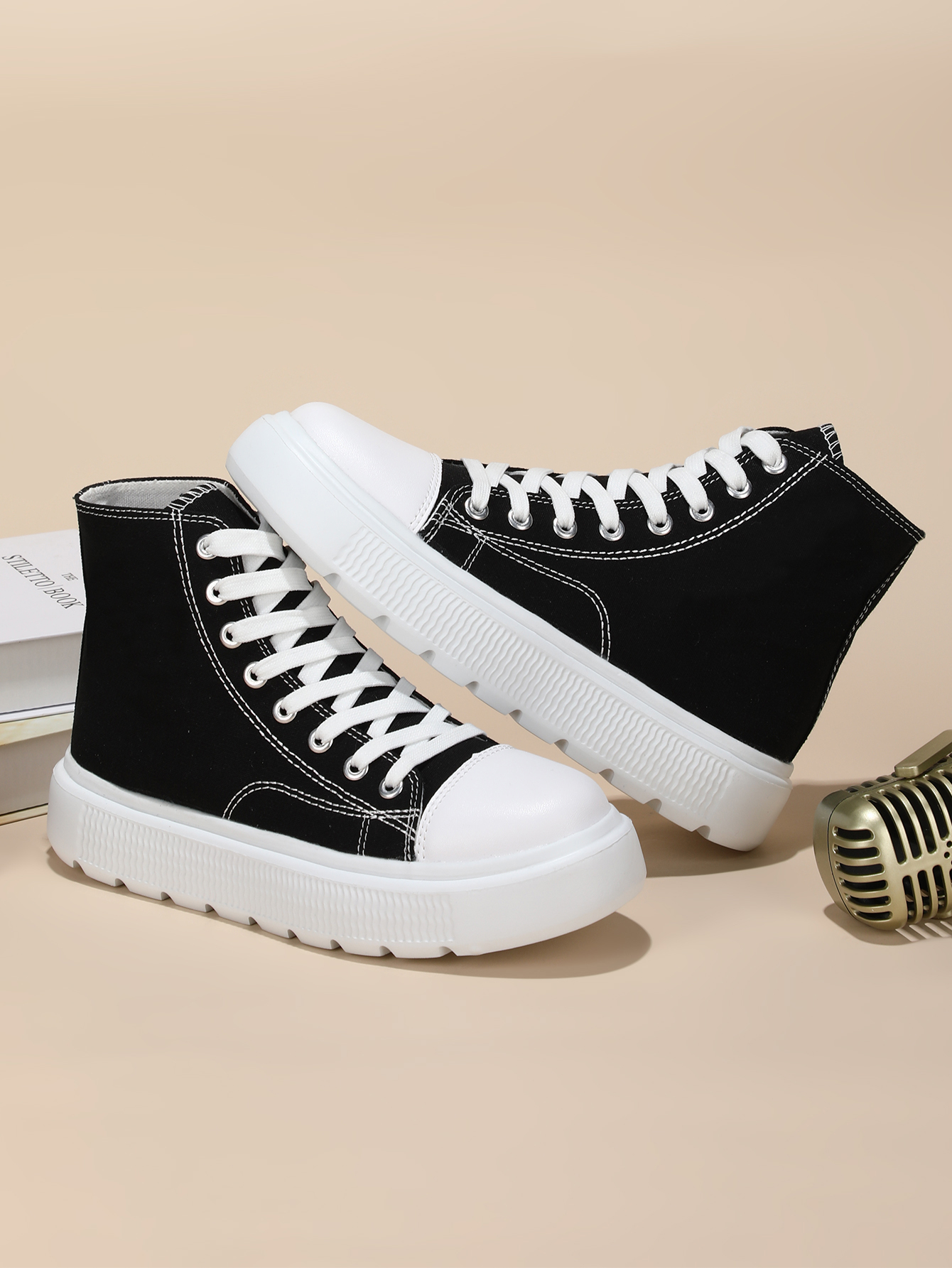 womens solid color casual shoes lace up comfy platform soft sole shoes versatile high top canvas shoes details 3