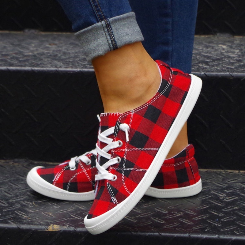 womens plaid pattern sneakers low top lace up flat canvas shoes casual comfortable walking shoes details 0