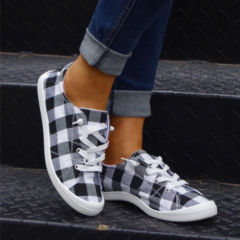 womens plaid pattern sneakers low top lace up flat canvas shoes casual comfortable walking shoes details 5