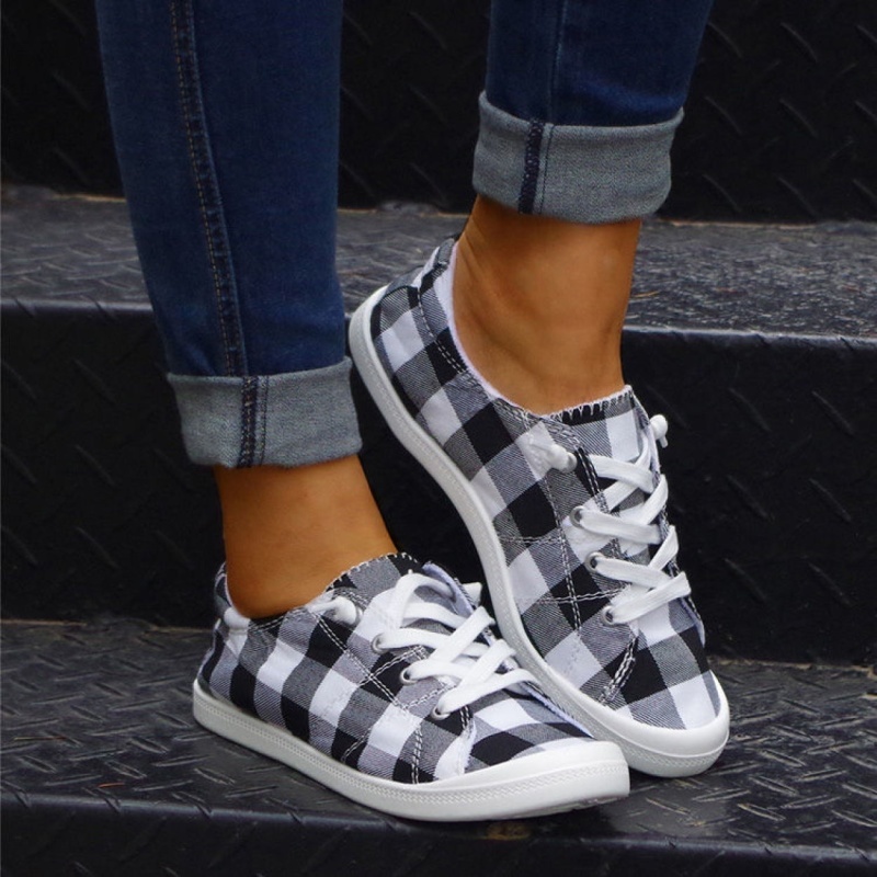 womens plaid pattern sneakers low top lace up flat canvas shoes casual comfortable walking shoes details 6