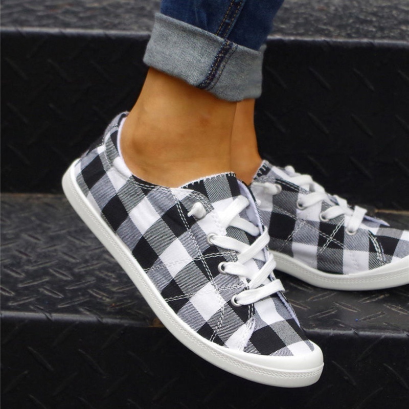 womens plaid pattern sneakers low top lace up flat canvas shoes casual comfortable walking shoes details 8