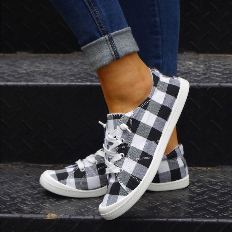 womens plaid pattern sneakers low top lace up flat canvas shoes casual comfortable walking shoes details 9