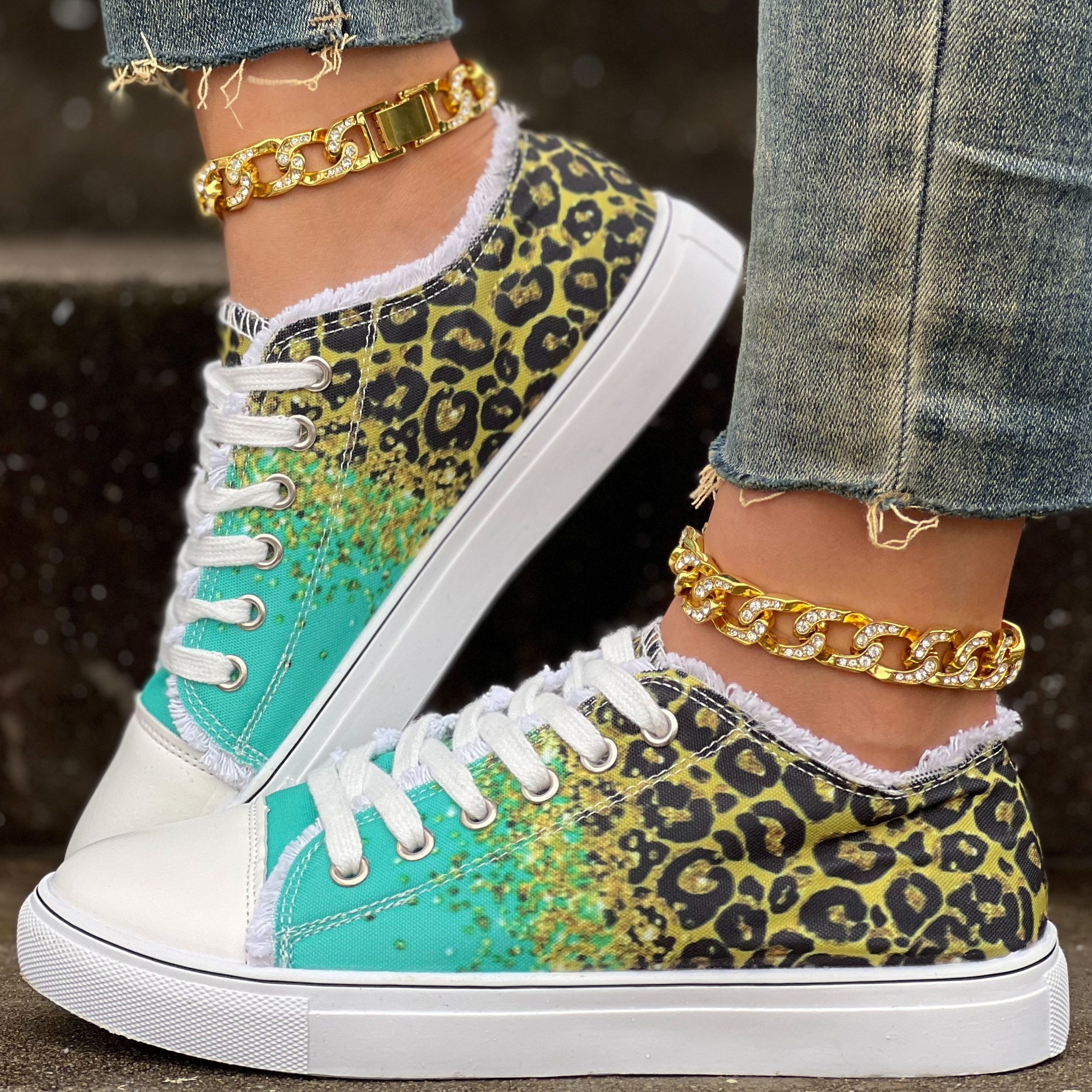 womens leopard print canvas shoes casual glitter sequins decor lace up shoes lightweight low top sneakers details 1