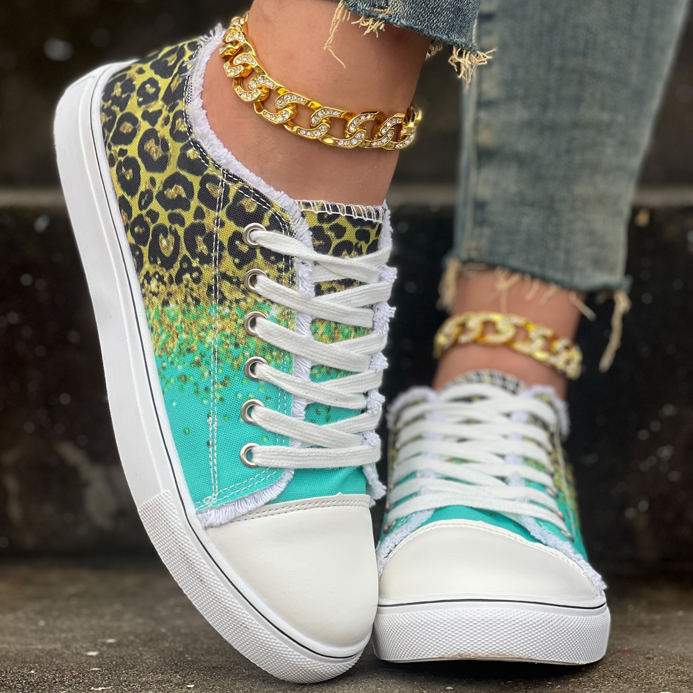 womens leopard print canvas shoes casual glitter sequins decor lace up shoes lightweight low top sneakers details 6