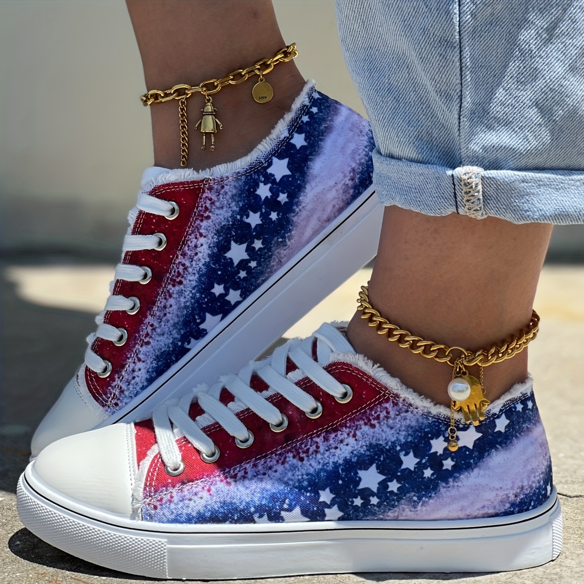 womens star pattern canvas shoes casual lace up outdoor shoes lightweight independence day shoes details 0