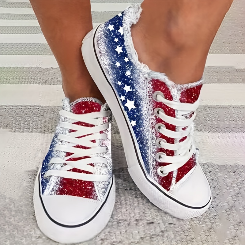 womens star pattern canvas shoes casual lace up outdoor shoes lightweight independence day shoes details 1