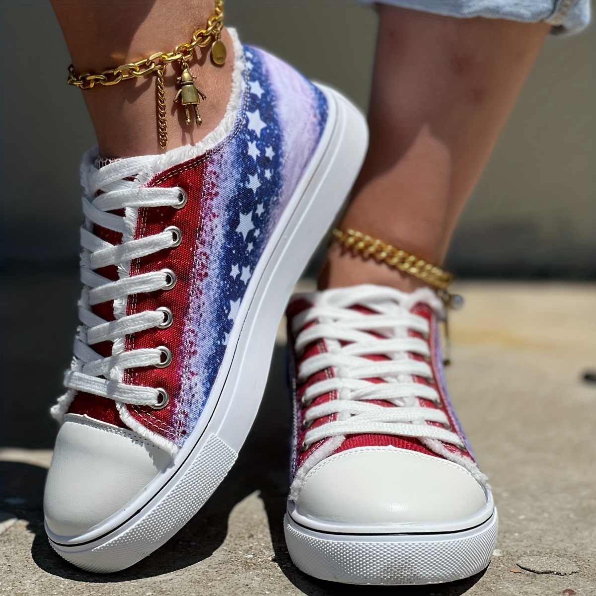 womens star pattern canvas shoes casual lace up outdoor shoes lightweight independence day shoes details 2