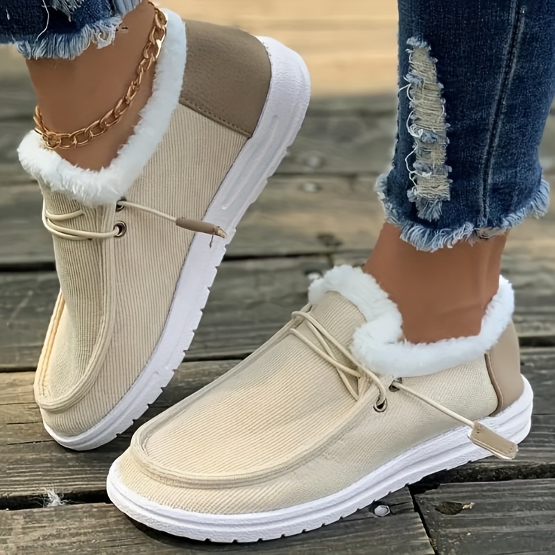 womens solid color lined shoes slip on fluffy warm flat non slip canvas shoes plush winter comfy shoes details 0