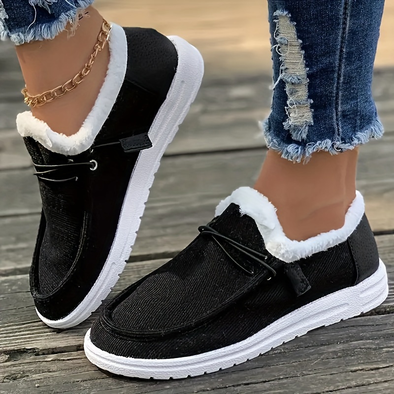 womens solid color lined shoes slip on fluffy warm flat non slip canvas shoes plush winter comfy shoes details 1