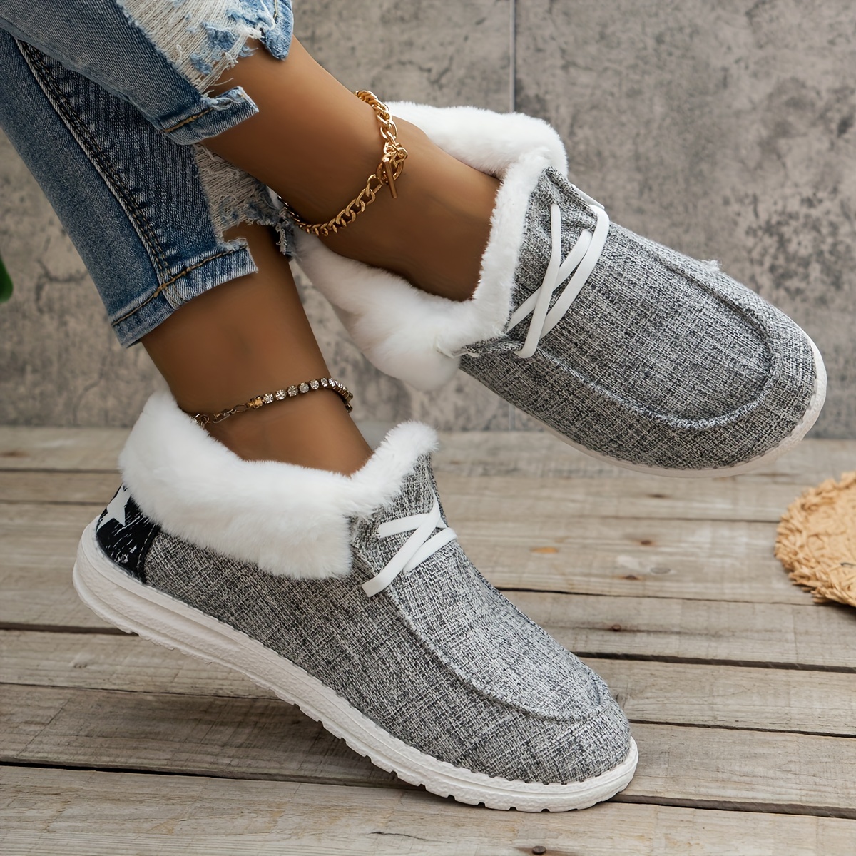 womens fluffy fleece lined canvas shoes thermal slip on low top shoes winter warm flat shoes details 0