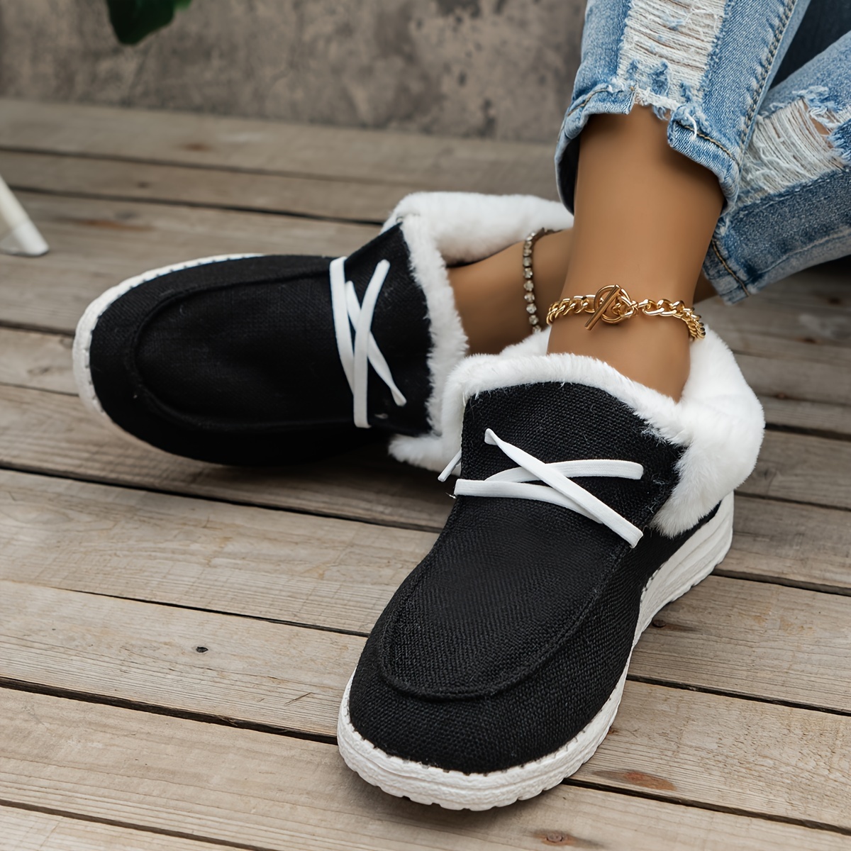 womens fluffy fleece lined canvas shoes thermal slip on low top shoes winter warm flat shoes details 3