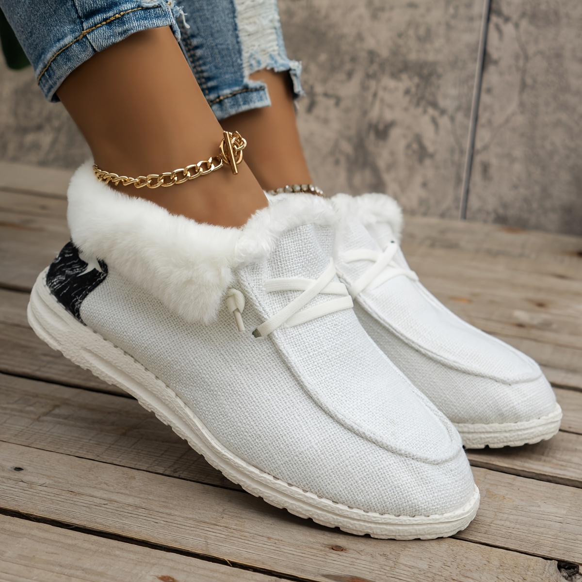 womens fluffy fleece lined canvas shoes thermal slip on low top shoes winter warm flat shoes details 6