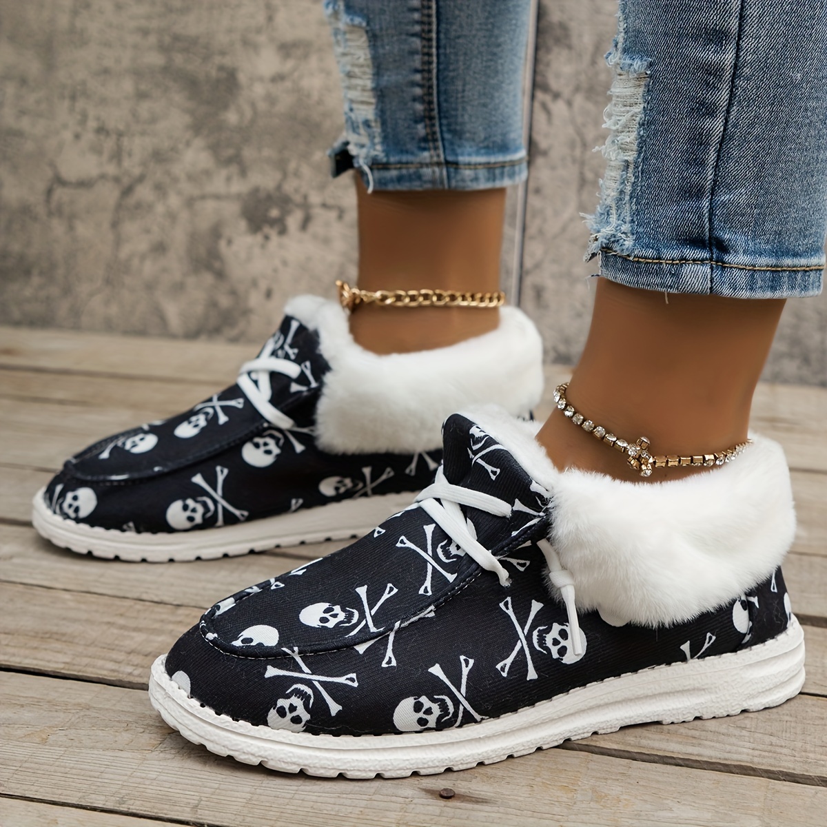 womens fluffy fleece lined canvas shoes thermal slip on low top shoes winter warm flat shoes details 8