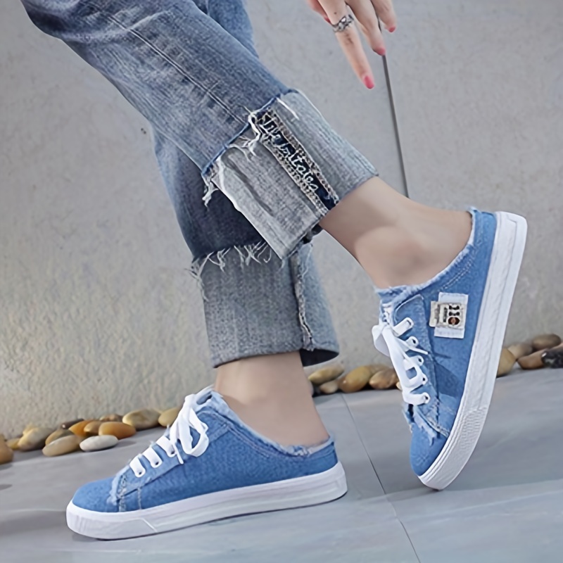 womens solid color canvas shoes slip on lace up round toe non slip half drag casual slides shoes comfy outdoor shoes details 6