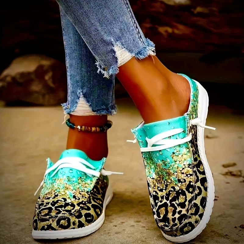 womens leopard print canvas shoes fashion round toe low top slip on loafers casual flat sneakers details 3