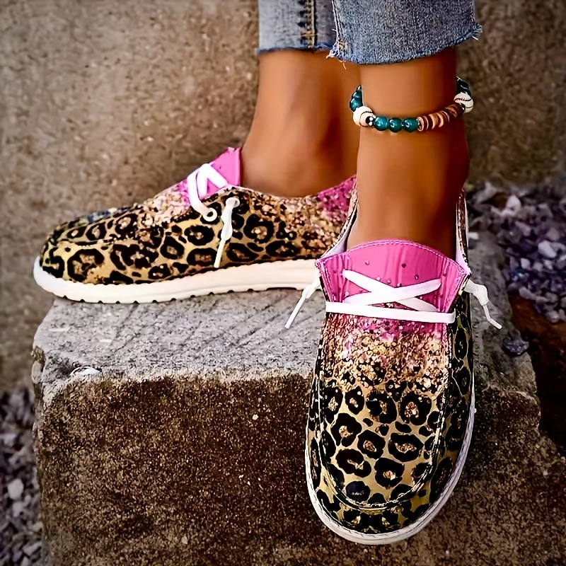 womens leopard print canvas shoes fashion round toe low top slip on loafers casual flat sneakers details 4