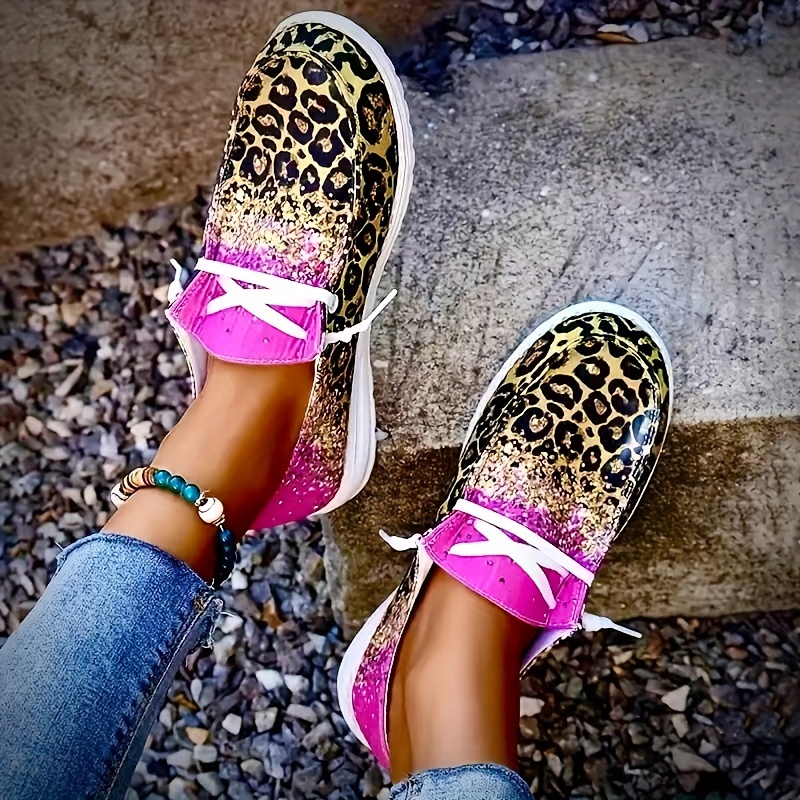 womens leopard print canvas shoes fashion round toe low top slip on loafers casual flat sneakers details 6