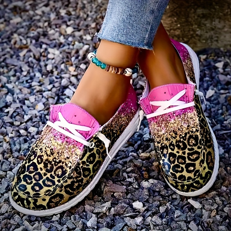 womens leopard print canvas shoes fashion round toe low top slip on loafers casual flat sneakers details 7