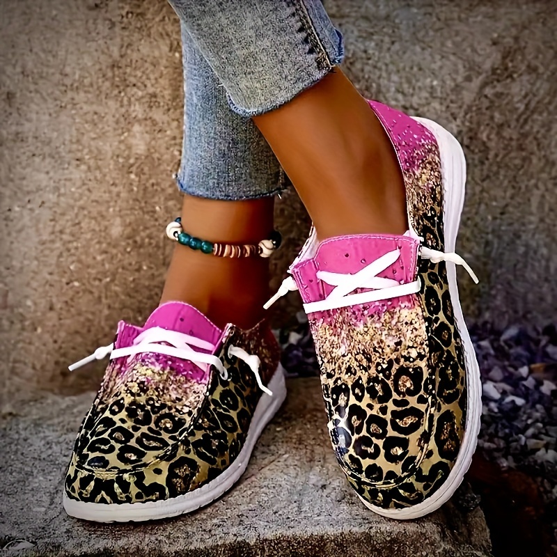 womens leopard print canvas shoes fashion round toe low top slip on loafers casual flat sneakers details 8