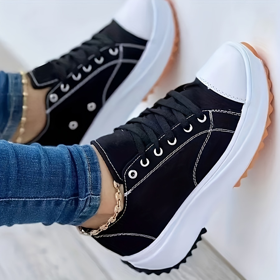 womens solid color casual sneakers lace up platform soft sole sporty trainers breathable low top skate shoes details 1