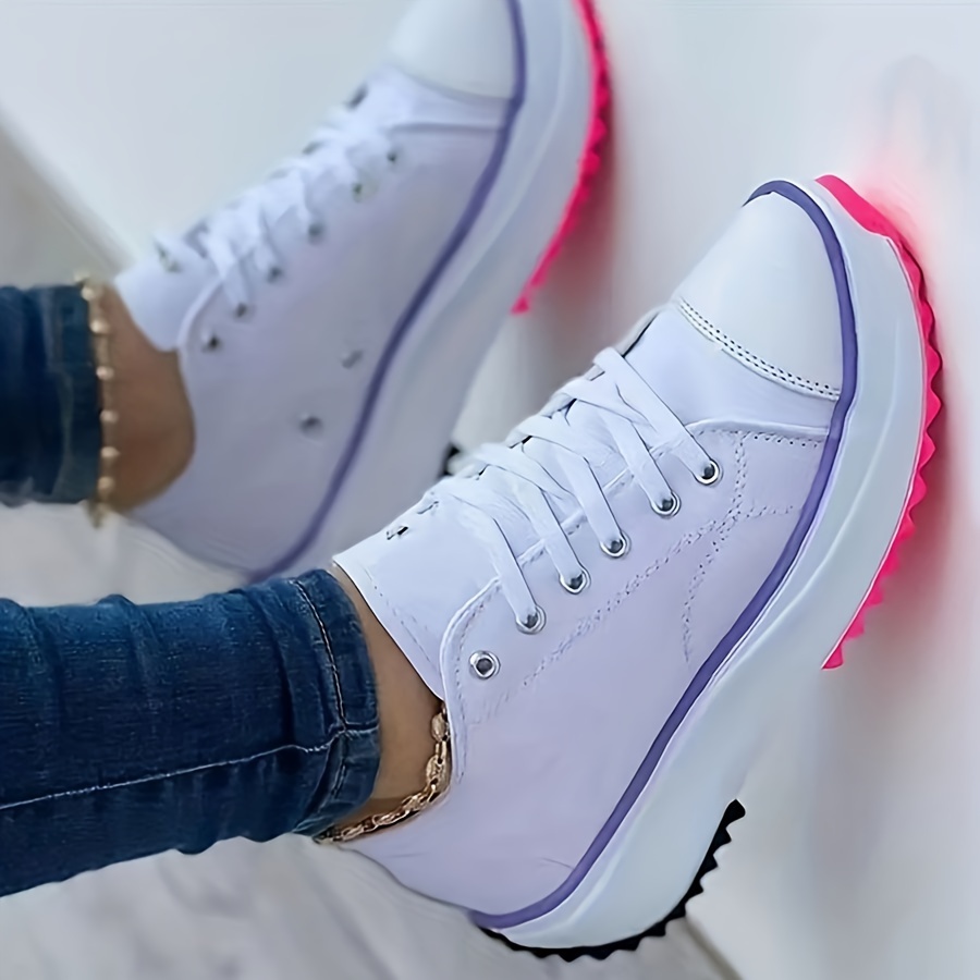 womens solid color casual sneakers lace up platform soft sole sporty trainers breathable low top skate shoes details 3