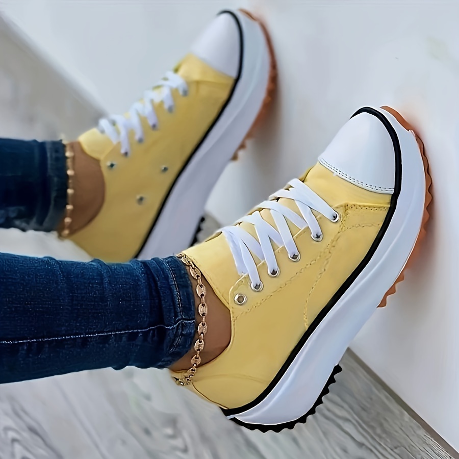 womens solid color casual sneakers lace up platform soft sole sporty trainers breathable low top skate shoes details 4