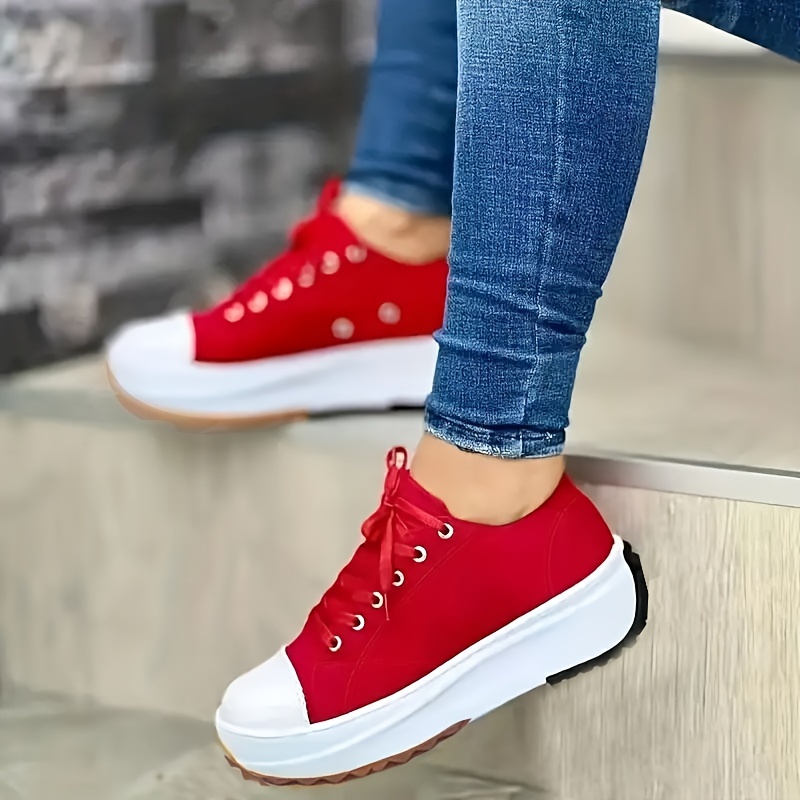 womens solid color casual sneakers lace up platform soft sole sporty trainers breathable low top skate shoes details 5